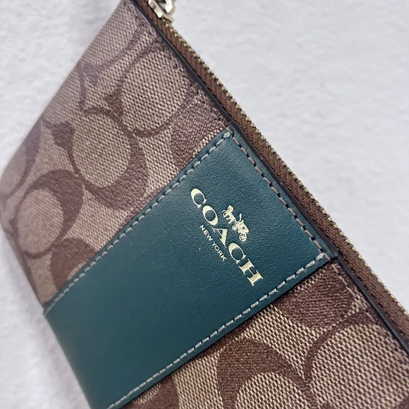 - Coach Signature Canvas Wristlet with Green Leather Trim— - Picture 7 of 13